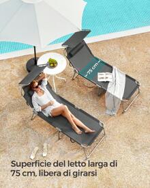 SONGMICS Große Sonnenliege, klappbarer Liegestuhl, 71 x 200 x 38 cm, Belastbarkeit 150 kg, mit Sonnenschutz, Kopfstütze und Verstellbarer Rückenlehne, für Garten Pool Terrasse, anthrazit