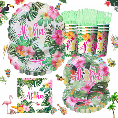 10/20pcs Tropical Hawaiian Beach Party Decorations, Summer Party Tableware Set, Disposable Plates, Napkins, Cups, Suitable For Beach Party, Outdoor Travel, Birthday Party Back To School