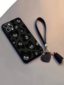 1pc Perforated Straight Edge Heart-Shaped Eyes Thickened Anti-Fall Painted Phone Case With Detachable Latest Leather Heart-Shaped Wrist Strap DIY Phone Case Pendant Tassel Bracelet