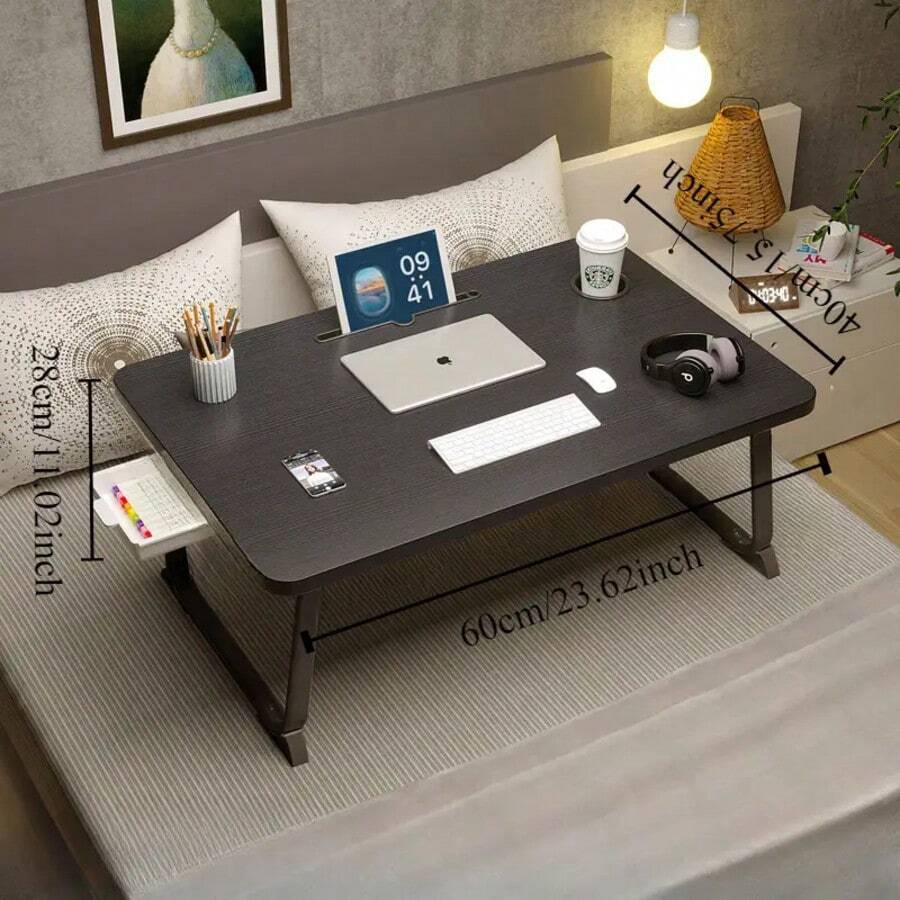 A Foldable Bed Table Suitable For Dormitory Rooms, Study And Work Areas, Workstations, And Floor Sitting Tables, Available In White And Black Options, Made Of Wood Material - 黑色 - 查看 1
