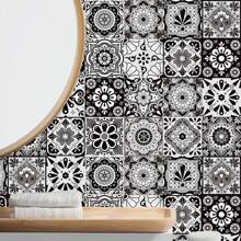 20 Peças Adesivos à Prova de Óleo Estilo Mandala Preto e Branco para Cozinha, 20x20cm, Autoadesivos, Azulejos Impermeáveis para Respingos, Adesivos Decorativos Flexíveis de Padrão Geométrico de Canto para Decoração de Parede, Decoração Doméstica, Decoração de Sala de Estar, Decoração de Quarto, Decoração de Banheiro