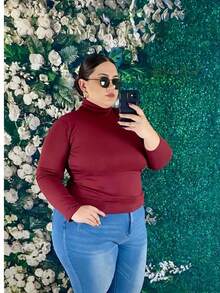 Plus Solid High Neck Blouse - tinto - View 2