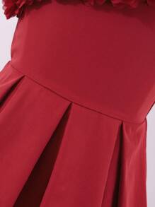 Tween Girl Casual Elegant Sleeveless One Shoulder Floral 3D Ruffle Dress, Spring/Summer - Red - View 4