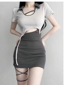 甜美香料性感高冷宫廷风纯色修身裹臀腰裙女夏 - 灰色 - 查看 3