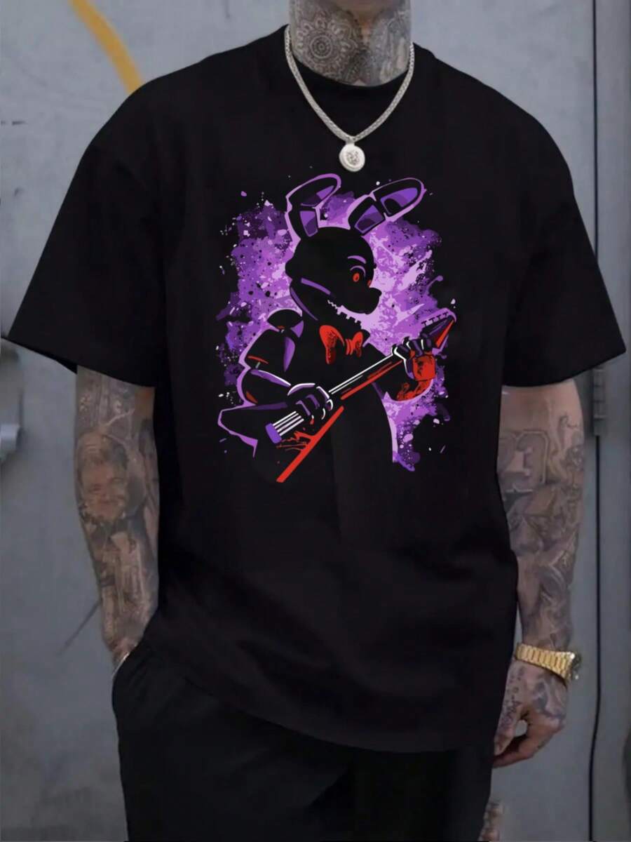 Camiseta De Hombre De 220g Algodón Denso, Estilo Street Rock Con Conejo - Negro - Ver 1