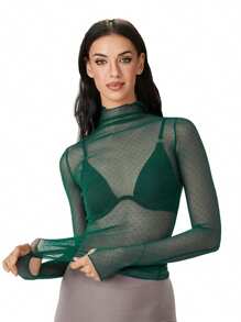Women T-Shirt, Long Sleeve Turtleneck Swiss Dots See-Through Slim Fit Sheer Tops Clubwear - Army Green - View 1