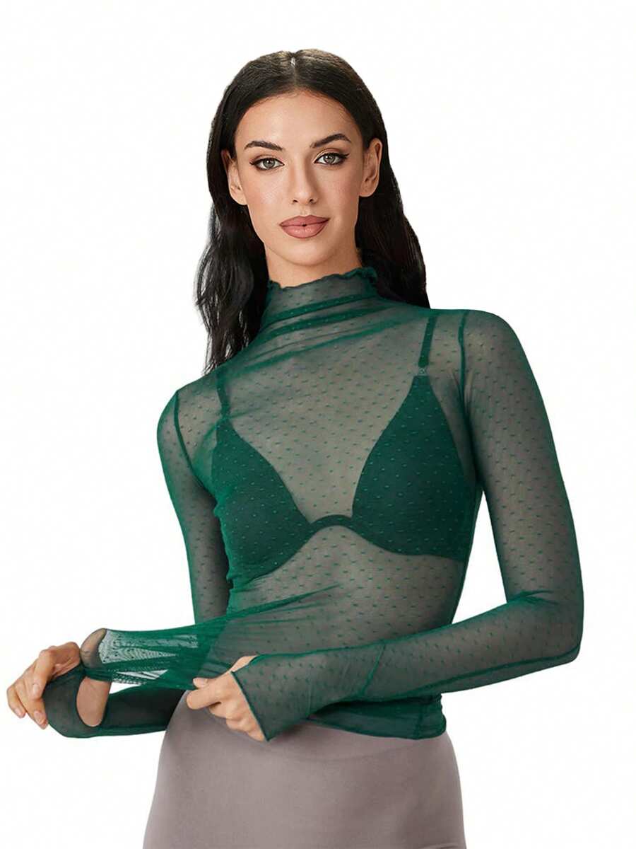 Women T-Shirt, Long Sleeve Turtleneck Swiss Dots See-Through Slim Fit Sheer Tops Clubwear - Army Green - View 1