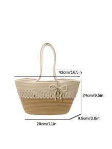 1 件纯色编织棉绳手提包，时尚手工草编大容量购物袋，适合女性日常使用或度假 - 彩色 - 查看 4