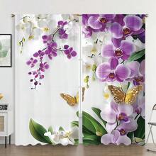 2pcs/Set Beautiful White & Purple Orchid Flowers And Golden Butterflies Digital Print Semi-Sheer Curtain, Spring, Rod Pocket Style, Polyester Material, Suitable For Living Room, Bedroom, Dining Room, Home Decor