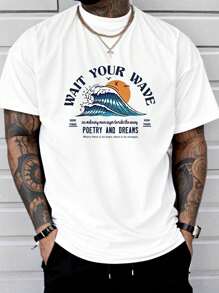 Camiseta casual de manga corta con cuello redondo y estampado de ondas de verano y eslogan para hombre - Blanco - Ver 1