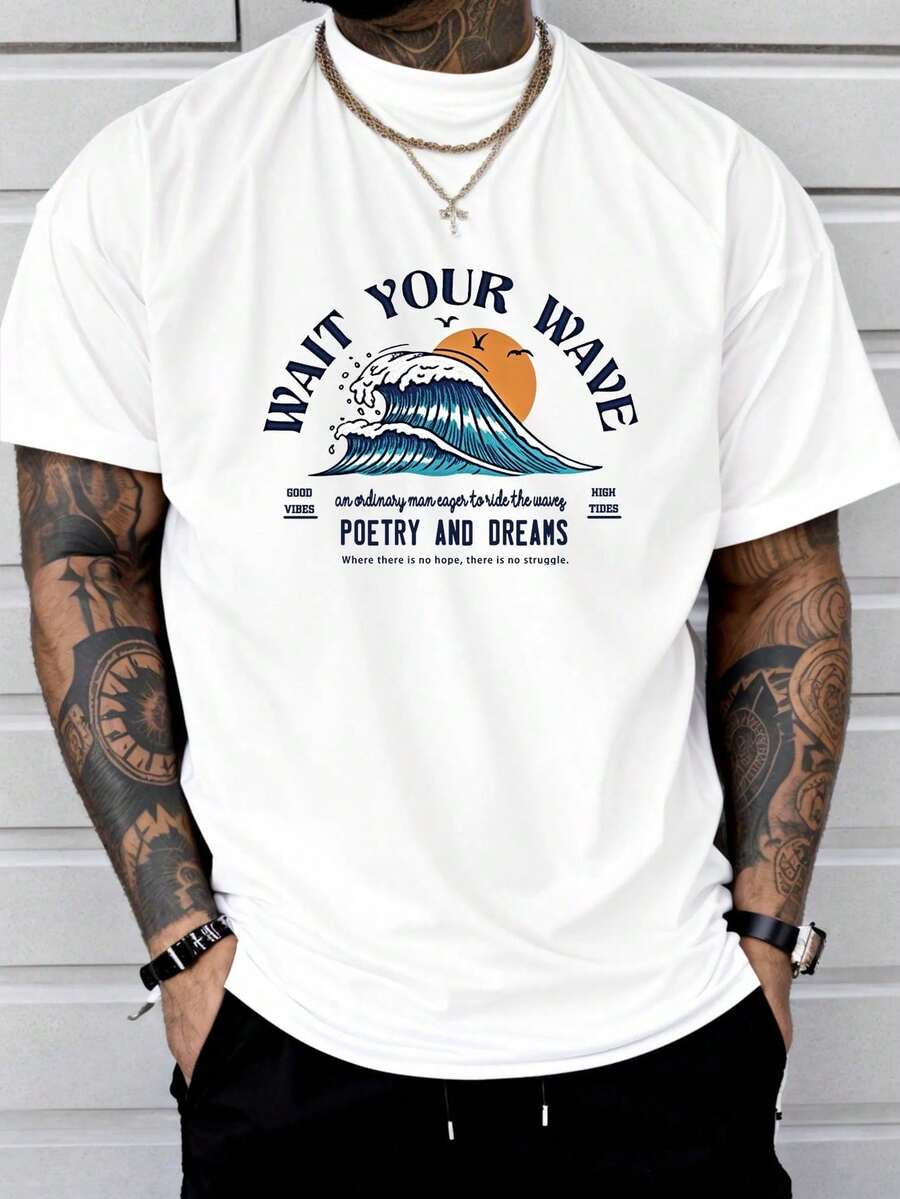Camiseta casual de manga corta con cuello redondo y estampado de ondas de verano y eslogan para hombre - Blanco - Ver 1