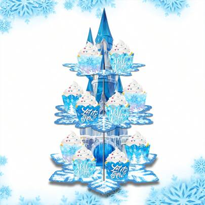 1pc Snowflake Shaped Cartoon Cake Stand, Disposable 3-Tier Cake Display Rack For Party
