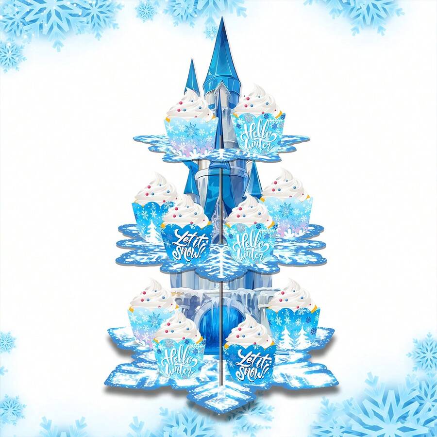 1pc Snowflake Shaped Cartoon Cake Display Stand, Disposable 3-Tier Cake Display Rack For Party - Royal Blue - View 1