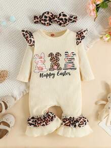 Baby Girl Easter Jumpsuit Set Rabbit  Letter Print Long Sleeve Ruffle Romper With Bow Headband - Apricot - View 1