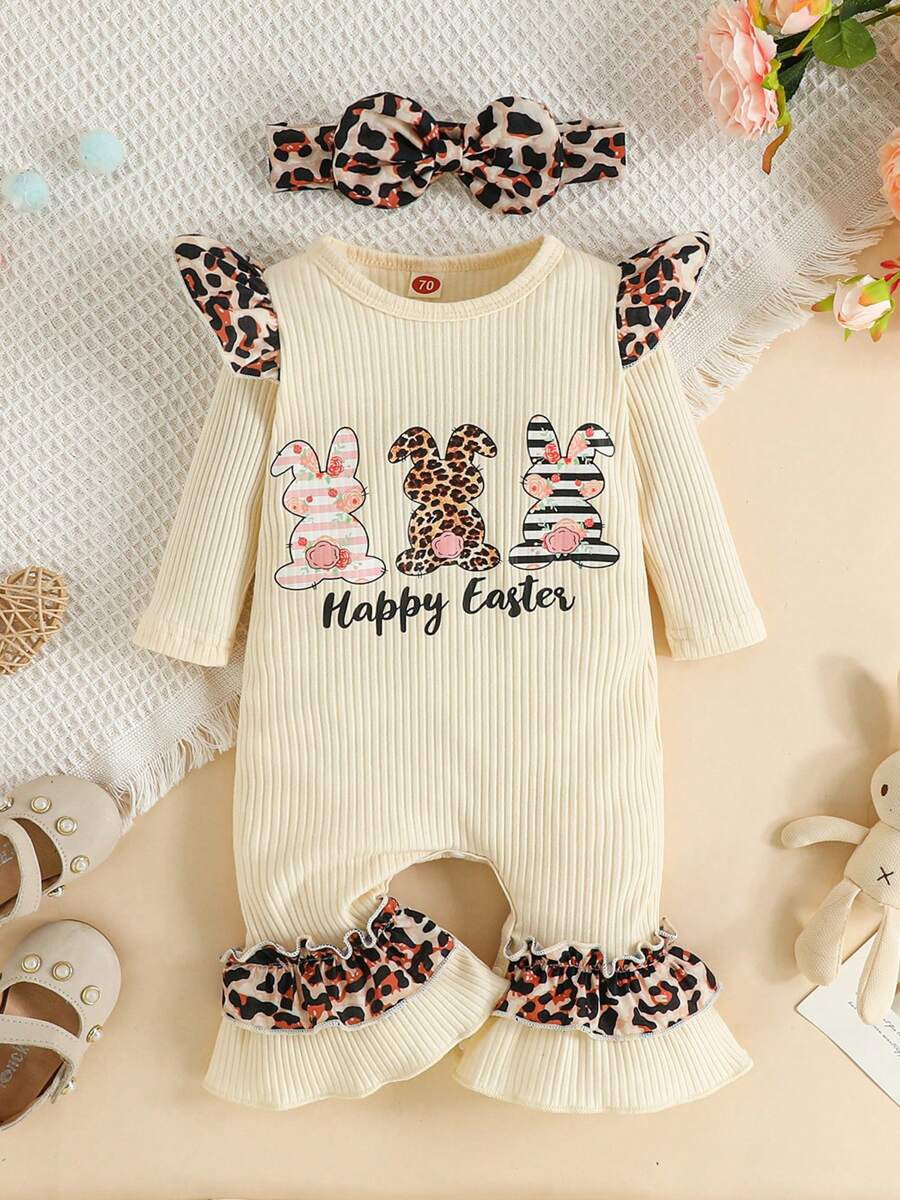 Baby Girl Easter Jumpsuit Set Rabbit  Letter Print Long Sleeve Ruffle Romper With Bow Headband - Apricot - View 1