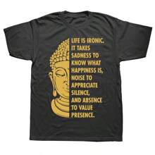 Buddha Buddhism Life Is Ironic Sadness To Happiness T Shirts Graphic Cotton Streetwear Short Sleeve Birthday Gift Summer T-Shirt - Black - View 1