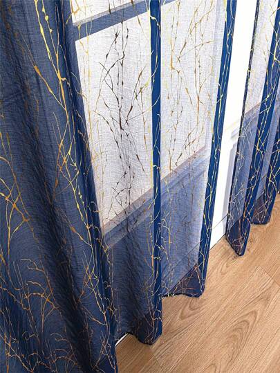 1 件装海军蓝树枝图案金箔印花透气薄纱窗帘，波西米亚风格自然风格轻奢客厅卧室窗帘，半透明半透明装饰窗帘
