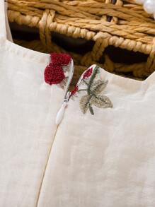 2025 Spring Summer New Princess Style Young Girl Cute Puff Sleeve Cherry Embroidery Delicate Princess Dress - Apricot - View 6