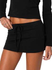 Women Y2k Mini Skirt With Shorts Preppy Low Rise Skirt Solid Color Drawstring Elastic Waist Sweat Skirt Athletic Skorts Bodycon Micro Skorts Stretchy Side Slit Pencil Short Skirts Summer Casual Streetwear Aesthetic Clothes Clubwear - màu đen - Xem 3