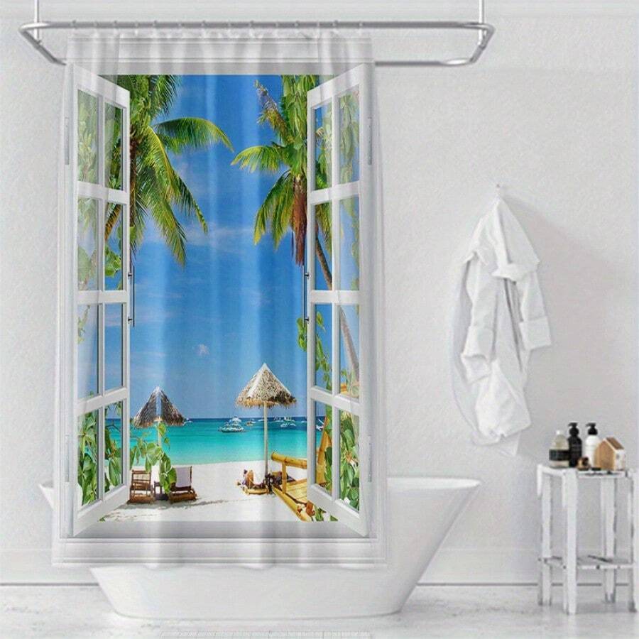 1pc 3D Window Seascape Digital Printed Curtain, Polyester Waterproof Shower Curtain, Machine Washable, Bathroom Partition, Room Decor - 120 180 - Xem 1