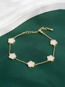 1pc Fashion Copper Flower Decor Chain Bracelet For Women For Daily Life Valentines - White - View 3