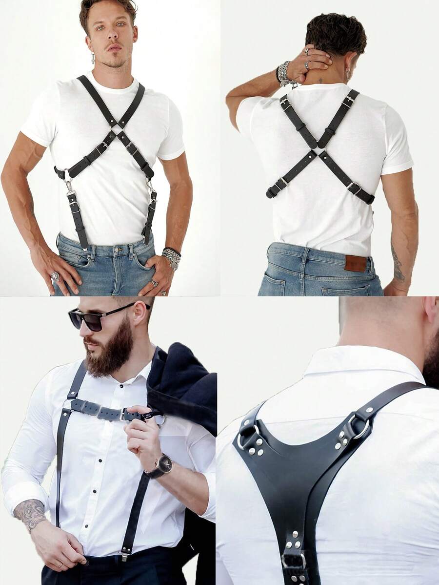 男士时尚 PU 皮革吊带，哥特式可调节塑身吊带，适合牛仔裤、日常休闲装、户外、运动、度假、毕业礼物、生日配饰 - 黑色 - 查看 1