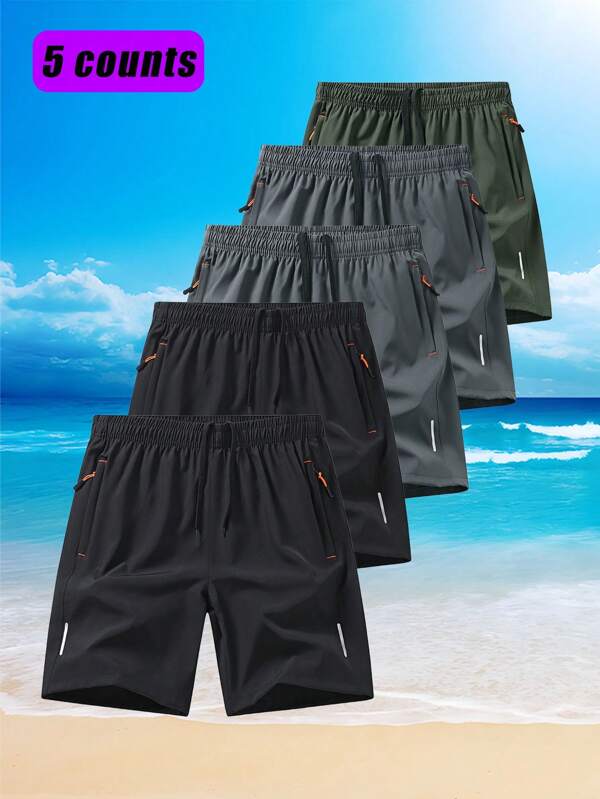 [Spring/Summer] 5-Piece Men's 5-Inch Summer Shorts, Casual Sports Quick-Dry Breathable Drawstring Waist Zipper Pocket Plus Size Shorts