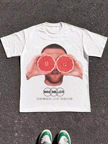 Plus Size 1 Pcs 100% Cotton Man Holding Grapefruit Print T Shirt Tops TEE 220g Heavy Cotton T Shirt - 白色 - 查看 1
