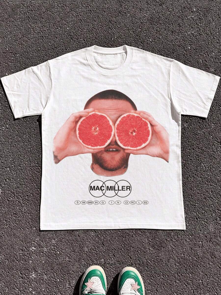 Plus Size 1 Pcs 100% Cotton Man Holding Grapefruit Print T Shirt Tops TEE 220g Heavy Cotton T Shirt - 白色 - 查看 1