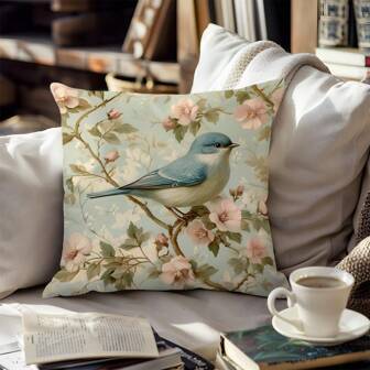 1pc Vintage Blue Bird & Floral Pattern Decorative Throw Pillow Cover, Soft Peach Velvet Fabric, Single-Sided Print, 40*40/45*45/50*50CM, Suitable For Home, Bedroom, Living Room, Sofa, Gift