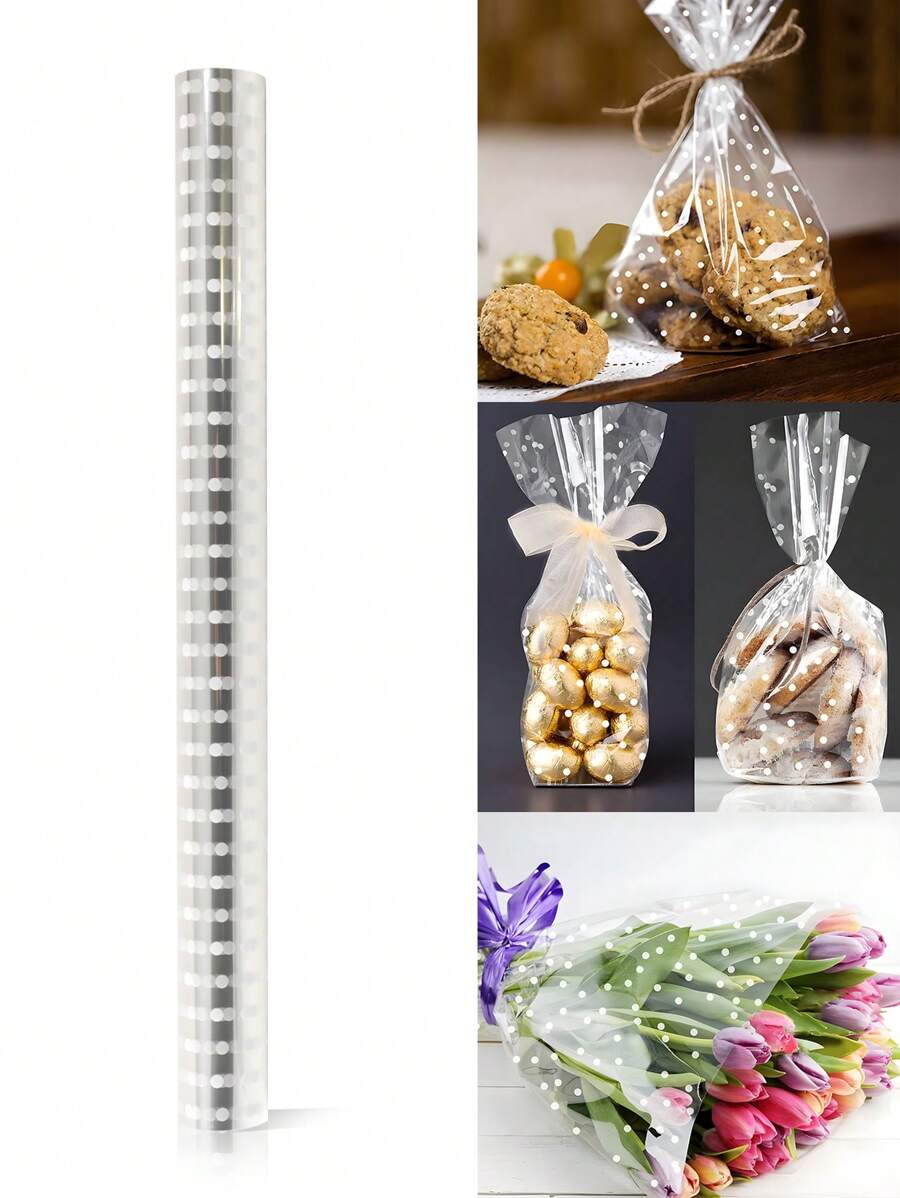 1卷带白色圆点的透明玻璃纸包装，塑料透明花束玻璃卷透明塑料防尘包装纸，适用于礼品篮、鲜花、工艺品、生日、婚礼、婴儿洗礼性别揭秘派对、派对礼品的零食和零食 - 透明 - 查看 1