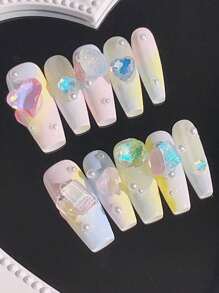 10pcs Asymmetrical Shaped Casket, Macaron Color, Handmade 3D Dopamine Candy Jewel Crystal Varied Gradient Nail Art Decals, Suitable For Parties, Cosplay, Festivals, Dates, Music Events. Detachable, Reusable Nail Stickers, Includes 1pc Jelly Gel + 1pc Nail Pusher