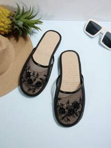 女士刺绣穆勒拖鞋，透气无后跟平底一脚蹬乐福鞋，优雅休闲室内/室外凉鞋，黑色，春夏穿搭 - 黑色 - 查看 6
