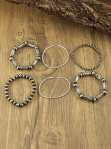 6pcs/Set Handmade Style Totem Carved Antique Silver Effect Bead Buttons Stackable Elastic Bracelets Set, Pattern Beads Multi-Piece Stretch Bracelet