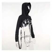 Women's Gothic Hoodie Crop Tops Long Sleeve Punk Black Rave Hood Outfit Festival Goth Aesthetic Emo Teens