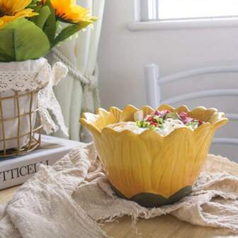 创意向日葵沙拉碗 - 陶瓷碗，6英寸向日葵形创意碗，学校用品