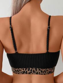 1pc Women 2 Pieces Spaghetti Strap Bikini Swimwear Set, Special Fabric Leopard Print Strap Patchwork Design, Fashionable Casual Swimming Costume - Black - View 5