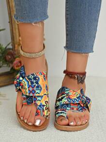 Sandalias planas para mujer con lazo arcoíris, zapatos de playa coloridos con cómodo masaje en la suela