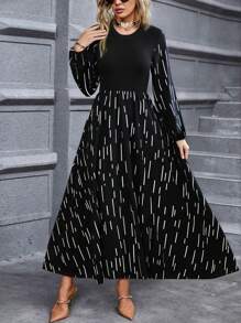 Nuevos Vestidos Casuales Femeninos de Otoño,Vestidos largos de mujer y diseño de patchwork con volantes en el dobladillo y cintura con lazo incorporado de estampado floral conjunto que,elegante fiesta de noche cómodo,Casuales versátiles de nueva temporada de otoño - Negro - Ver 3