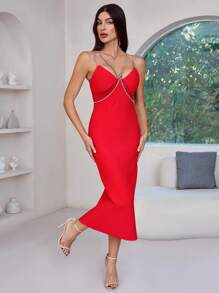 Bernatova Fashion Ladies Spaghetti Strap Rhinestone Red Long Sexy Women Midi Evening Dresses Elegant For RedCarpet, Birthday, Wedding Guest, Cocktail Party - Red - View 3