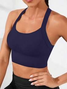 Seamless High-Elasticity And High-Support Sports Bra,Women Underwear Detachable Chest Pad With Cross-Strap Design,Women's Fitness Solid Color Simple Yoga Bra,Women Soft And Comfortable Sports Tops ,Multi-Color Options (Black/Brown/Blue/Hot Pink/Gray/Red) - 藏蓝色 - 查看 4