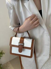 Túi xách nắp gập thời trang mini dành cho nữ, túi đeo chéo vai vuông nhỏ thường ngày, đựng vừa điện thoại và son môi, thiết kế khối màu, túi tote đa năng khi đi làm - màu nâu - Xem 4