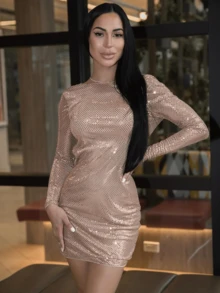 Carolina Barros Váy bodycon sequin hở lưng - Rượu sâm banh - Xem 1