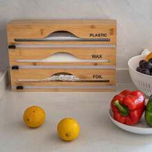 1pc Bamboo Film Cutter, Multi-Compartment Food Wrap Dispenser, Foil Paper Storage Box, Wall-Mounted Kitchen Cutter Organizer - Multicolor - View 6