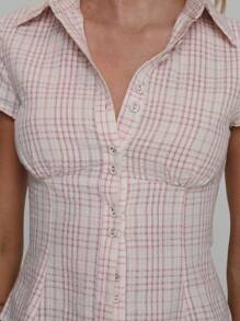 Women's Y2K Plaid Shirt Button-Up Short Sleeve Collared Slim Fit Casual Summer Blouse Tops - Hồng - Xem 6