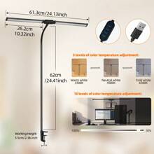 Lámpara de escritorio LED flexible de 24W con 2 cabezales, cable USB, brillo ajustable, instalación de abrazadera, lámpara de lectura que cuida los ojos para escritorio de oficina, escritorio de computadora, biblioteca, escuela, dormitorio, estudio, laboratorio, sala de costura, sala de estar