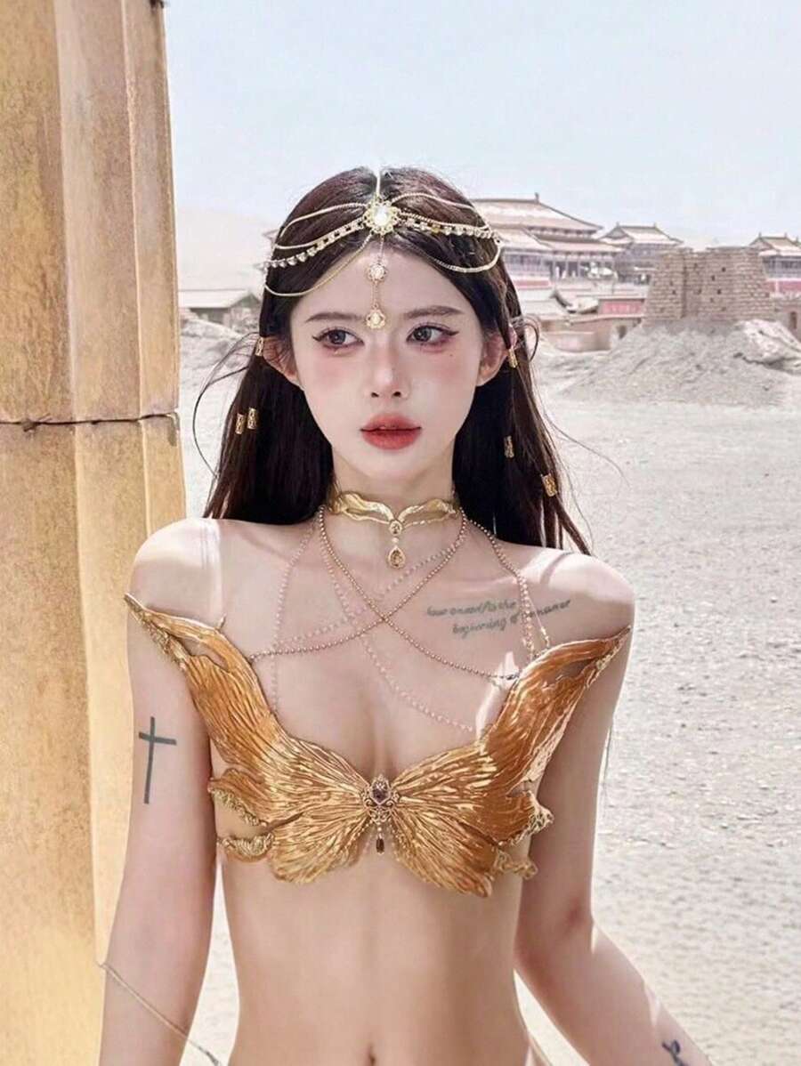 1pc Elegant Boho Style Beaded Hairpiece & Forehead Chain, Vintage Chinese Style Accessories, Versatile - A Gold Chain With a  Pendant Headdress - View 1