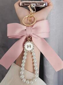 1 件迷人粉色蝴蝶结和人造珍珠串珠钥匙扣腕带 - 涤纶，蝴蝶灵感设计，适合钥匙、钱包、手机 - 时尚女士配饰汽车配饰包饰学校人造珍珠可爱哥特 Y2k 圣诞礼物创意包饰挂绳带身份证夹汽车配饰包饰 - 粉色 - 查看 4