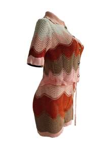 Colorblock Button Front Shirt & Drawstring Waist Shorts - Pink - View 6