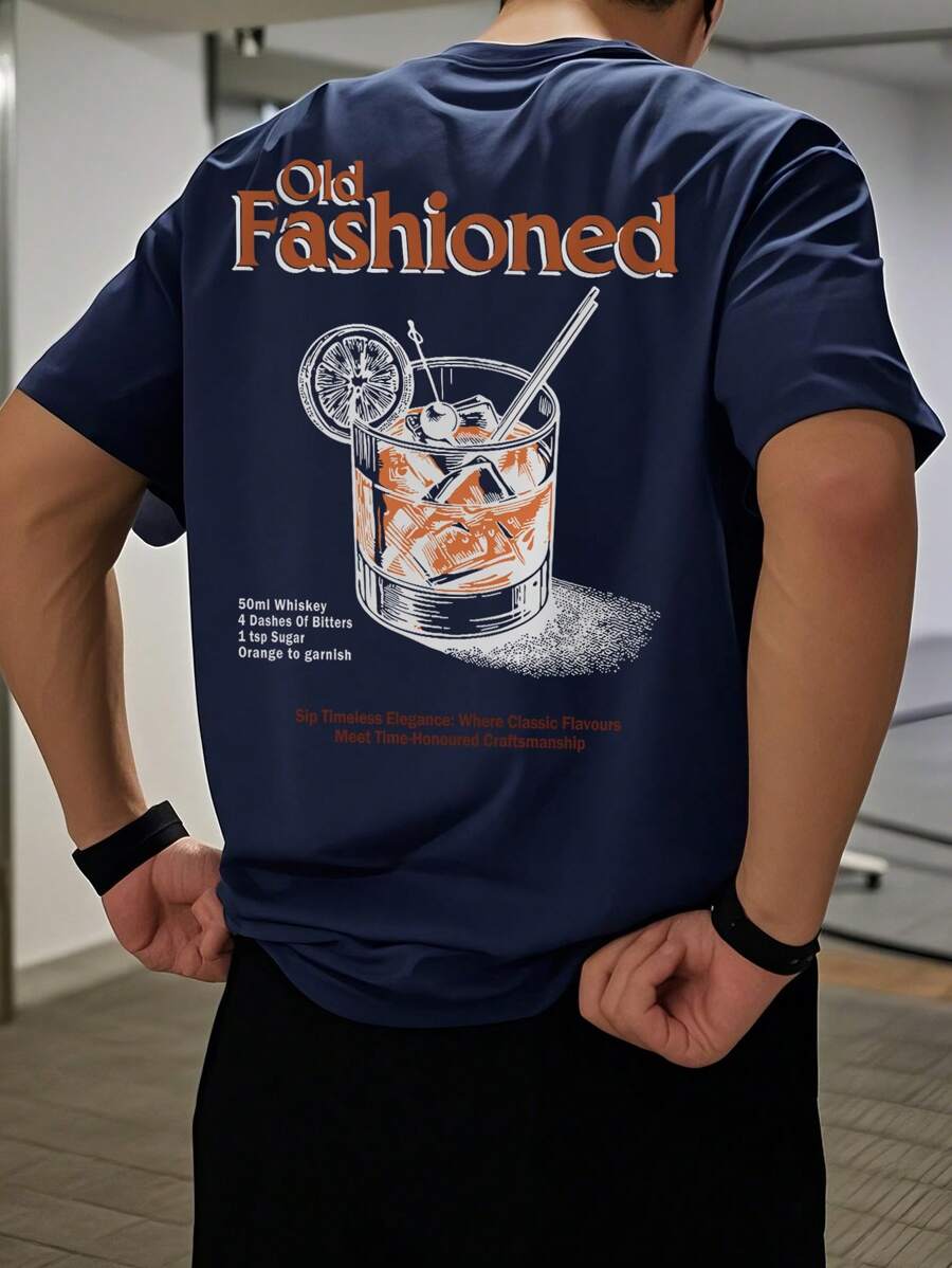 男式休闲饮料标语印花 T 恤，春/夏 - 藏蓝色 - 查看 1